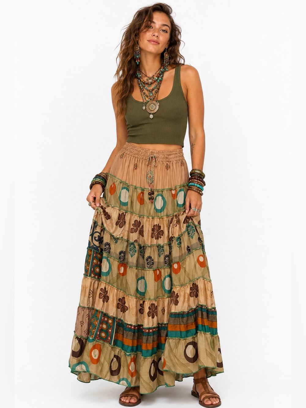 27. Bohemian Tiered Multicolored Patchwork Maxi Skirt With Pockets